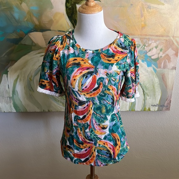 Chico's Linen Fringe Elbow Sleeve Tropical Banana Print Tee Top 00 xs - Picture 8 of 16